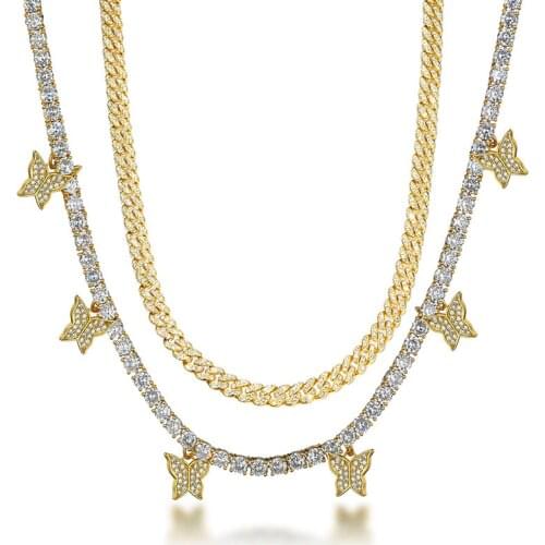 2pcs kit Adjustable 32cm+15cm Tennis Chain With Butterfly Pendant Cuban Chain CZ Cubic Zirconia Necklace For Men Hip Hop Jewelry