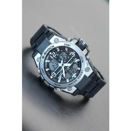 Black Silicone Watchband Silver Case Sports Digital Men 'S Watch Es1893