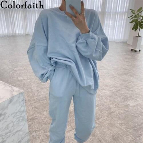 Colorfaith 2021 New Autumn Winter Women Sets Two Pieces Pullovers Sporty Pants Lounge Wear Oversized Tracksuit Pink Suits WS2233