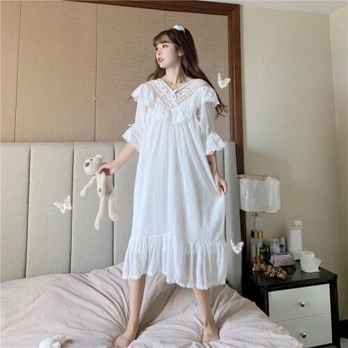 Long Nighty Dress White Sleepwear Vintage Ruffles Lace Sexy Women Nightgowns Elegant Ladies Lingerie Lolita Homewear Suit Cotton
