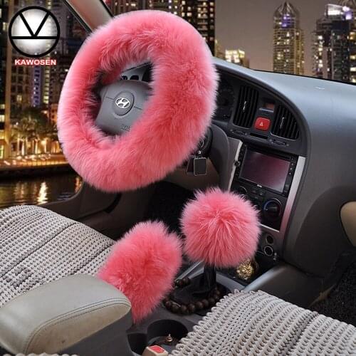 KAWOSEN Pink Car Wool Steering Wheel Cover For Girls Car Decoration For Women Steering Wheel Cover Set for Steering Wheel WSWS01