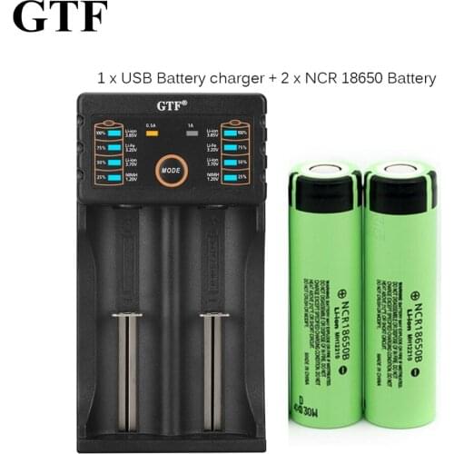 Lithium-ion refillable pile, gtf, 2 parts, 3.7v, 3400mah, 18650 for flashlight + battery charger for 26650, 14500, 18340, 18650