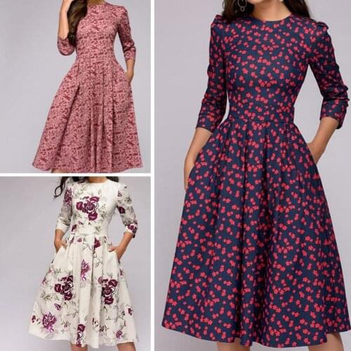 Fashion Women Dress Elegant Fashion Floral Print 3/4 Sleeve Round Neck A-line Ruched Prom Evening Party Dress Plus Size