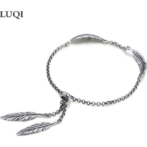 Fashionable Men and Women S925 Retro Silver Leaf Feather Wing Personality Adjustable Bracelets 015