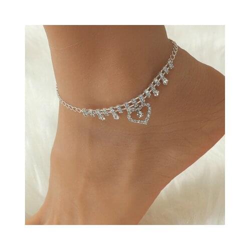 Fashion Heart Anklet Rhinestone Chain Foot Chain Jewelry for Women Summer Beach Anklet Zircon Barefoot Chain