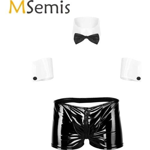 MSemis Men Sexy Lingerie Roleplay Costume Tuxedo Set Patent Leather Zipper Open Butt Boxer Briefs Underwear Panties Collar Cuffs