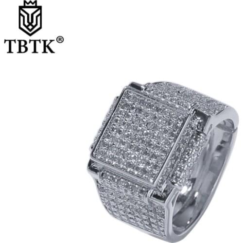 TBTK 15mm Width Ring Wedding Bands Punk Party Style Prong Setting Full of Sparkling Zircon Ring for Man Western Style