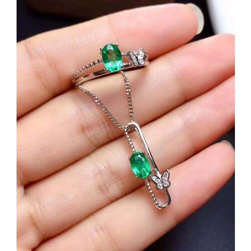 Real Natural Emerald jewelry set Natural Real Emerald 925 sterling silver 1pc pendant,1pc ring