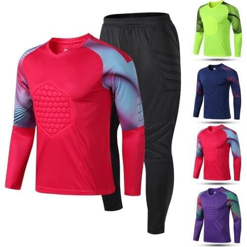 New Mens Adult Soccer Goalkeeper Uniform Protective Sponge long Sleeve Training Football Goalkeeper Soccer Jersey Top and Pants