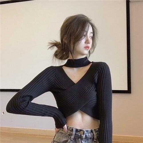 2021 New Fashion Womens Slim Top Casual Sexy Cross Short Knitted Sweater Top Spring And Autumn Simple Pure Color Wild Sweater