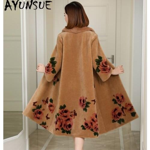 AYUNSUE Winter Coat Women Sheep Shearling Real Fur Coat Female Mink Fur Collar Wool Coats Print Long Jacket Manteau Femme MY4261