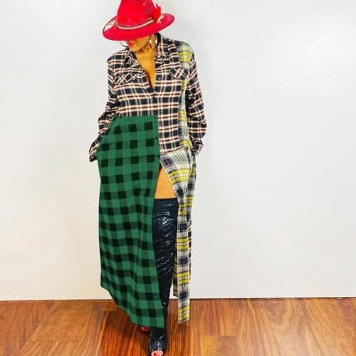 Plaid Print Long Shirt Dress Women Spring Fall Turn-down Collar Long Sleeve Button Maxi Dress Sexy Split Party Club Shift Dress