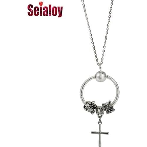 Seialoy Fashion Silver Color Cross Pendant Necklace For Women Castle Windmill Charms Pendant Necklace Jewelry Boys Girls Gifts