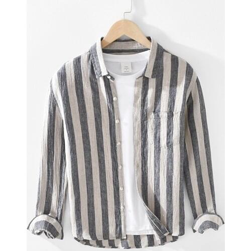 100% Linen Japan Style High Quality Pleated Flax Vintage Shirts Breathable Thin Classical Strip Casual Slim Pockets Blouses Male