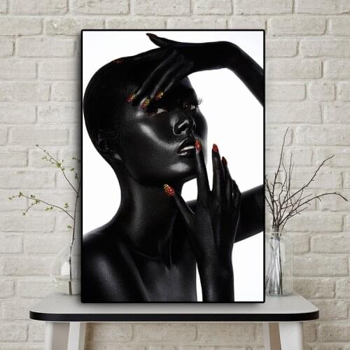 Sexy Black African Nude Woma and Red Nails Oil Painting on Canvas Cuadros Posters and Prints Wall Art Picture for Living Room