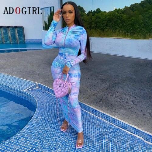 Adogirl Sexy Tie Dye Print Women Dress Elegant Long Sleeve Evening Party Long Dresses Bandage Gatsby Fashion Streetwear 2020
