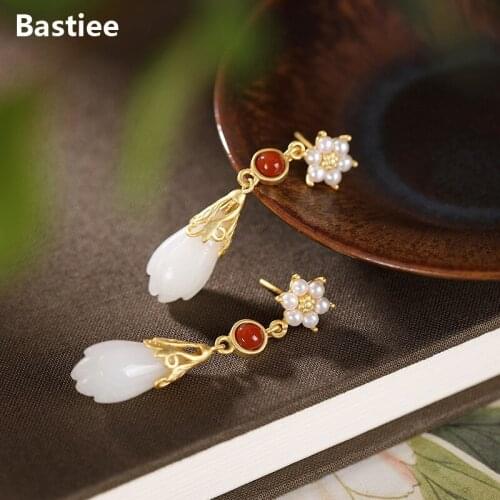 Bastiee 925 Sterling Silver Earrings For Women Drop Dangle Luxury Jewelry Gold Plated Jade Red Agate Pearl Magnolia Flower