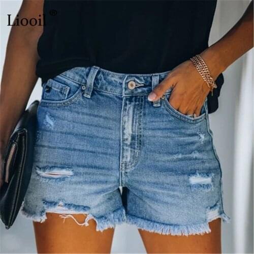 Liooil Sexy Ripped High Waist Denim Shorts Women 2021 Summer Streetwear Cotton Blue Black Tassel Pockets Hole Rave Jean Shorts