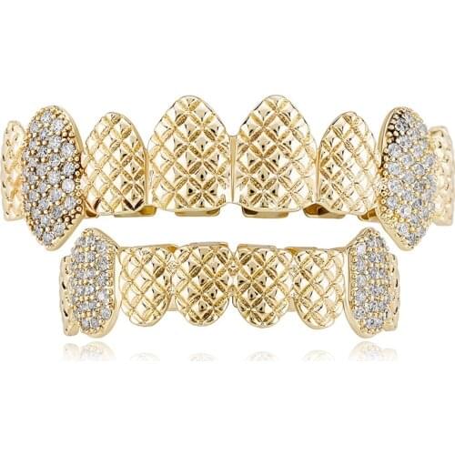 Hip Hop AAA CZ Stone Paved Bling Iced Out Vampire Fang Plaid Top Bottom Teeth Grillzs Set Men Rapper Jewelry