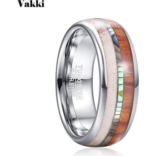 VAKKI Inlaid Antlers and Abalone Shell Wood Steel Color 8mm Tungsten Steel Ring Carbon Engagement Rings Men Jewellery