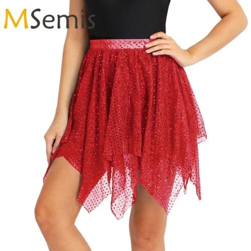 MSemis Women Ballet Skirt Glitter Sequins Polka Dots Asymmetric Latin Dance Wrap Over Scarf Skirts Stage Performance Costumes