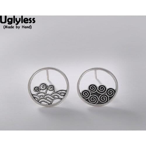Uglyless Exotic Asymmetrical Wave Stud Earrings Women Real Solid 925 Sterling Silver Hollow Round Studs Thai Silver Fine Jewelry