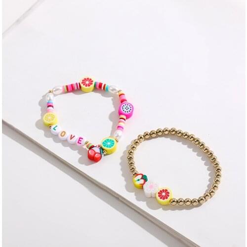Bohemia Cute Love Letters Gold Beaded Bracelets For Women Colorful Polymer Clay Fruits Irregular Simulated Pearls Bracelets