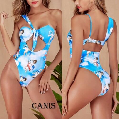Womens Polyester One-Piece Cartoon pattern Loose and Ultrathin Swimsuit Bandage Bikini Push-up Padded Bra Bathing Swimwear