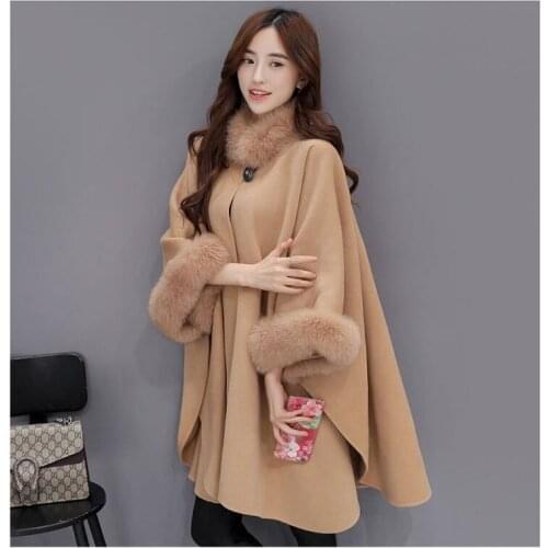 Winter Womens Cloak Big Fur Collar Plus Size Wool Coat Long Wool Coat Long Winter Jackets Wool Coats Outerwear Woolen Blends