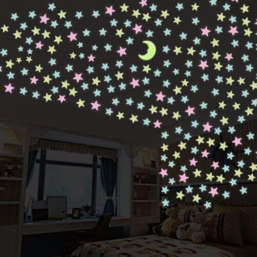 100 pc/pack Night luminous Stars+1 Moon Fluorescent 3D Wall Stickers Childrens Bedroom Stickers Glow In The Dark Stars