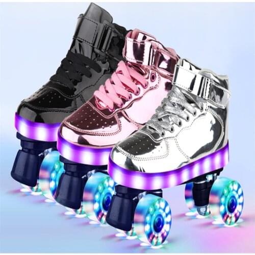 4 Wheels Flash Skates Pu Roller Blade For Adult Kids USB Recharge Sneakers Roller Skates Hockey Double Row Pulley Shoes Women