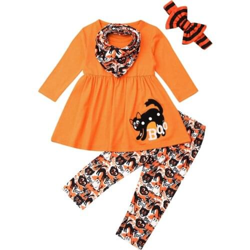 4PCS Fashion Toddler Kids Baby Girl Halloween Party Clothes Sets Long Sleeve Tops T-Shirt Pants Headband Cats Print Outfit Set