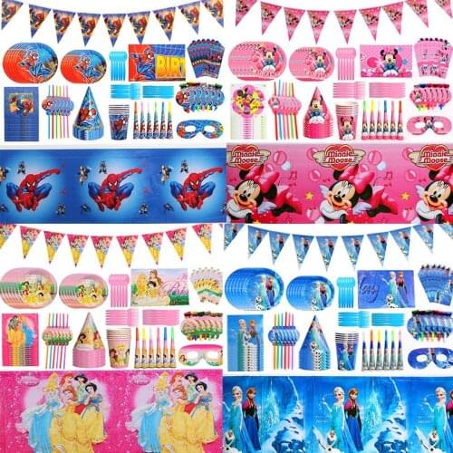 88 pcs/set Disney Princess Mickey Spiderman Theme Party Tableware Sets Paper Cups Plates Baby Shower Party Decoration Supplies