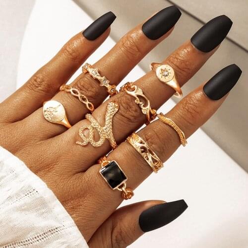 9PCS/Set Snake Shape Ring Black Square Personalize Alloy Finger Knuckle Hoop Fashion Hollow Out Rhinestone Jewelry For Womens