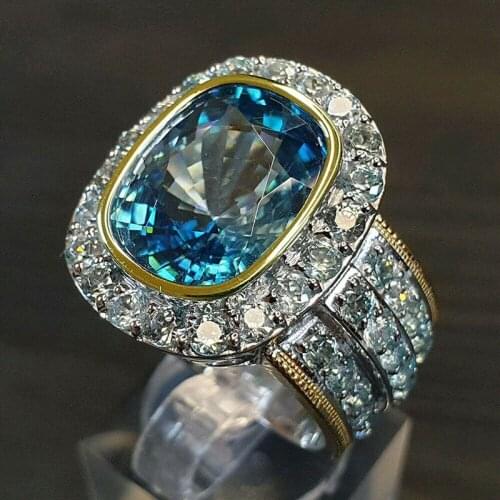 Eye-Catching Shiny Sky Blue Cubic Zirconia For Women Two Tone Bridal Rings Wedding Evening Party Accessories Wholesale Jewelry