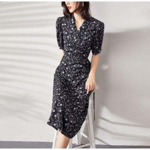 Black Print Little Floral Silk Dresses Women Fashion 2021 Summer Long Casual Sexy Office Work Daily Dress Plus Size Slim Fit