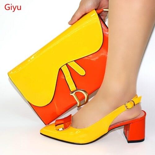 Doershow New 2019 African Design yellow Shoes And matching Bags Italian Style High Heels Shoes And Bag Set For party SAD1-18