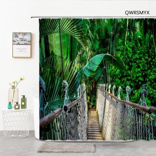 Rainforest Plant Shower Curtains Banana Leaf Drawbridge Natural Scenery Bathroom Curtain Home Decor Background Bathroom Products