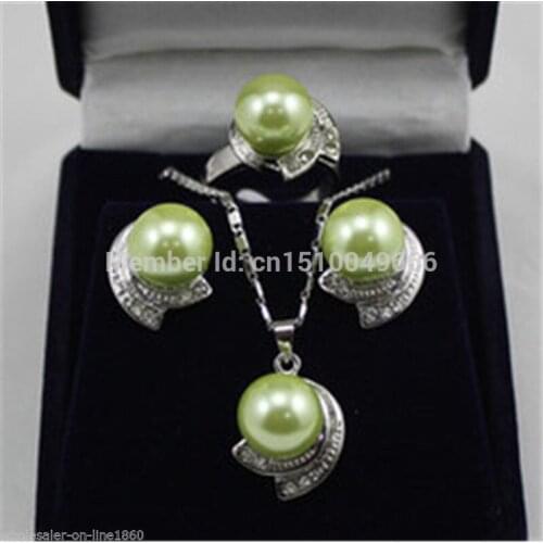 Hot sale 12MM Green South sea Shell Pearl Earrings Ring & Necklace Pendant Set