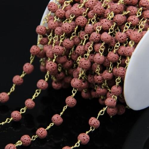 6mm Red Lava Chains Crafts Bracelet Findings,Round Volcano Lava Bronze Copper Wire Wrapped Rosary Chains Necklace Earrings