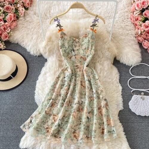 Summer 2021 new French first love sweet beauty suspender skirt floral lace dress