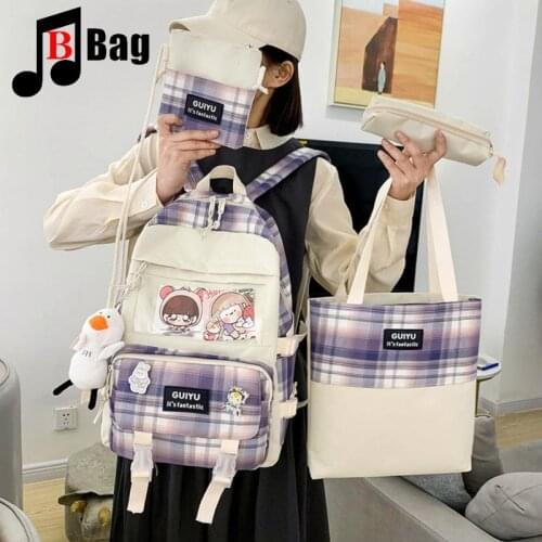 4 PIECE Kawaii Women Backpack Decorative multipockets bag Girls School Bag Cute Student Bookbag Travel Mochila Backpack Set Gift