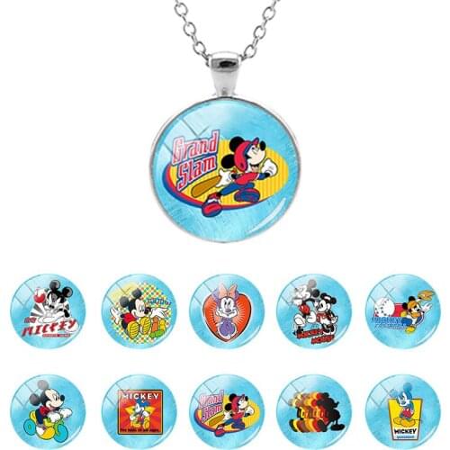 Disney Mickey Mouse Print Blue Background Pattern 25mm Glass Cabochon Dome Pendant Chain Necklace Kids Gifts Jewelry MIK901-25