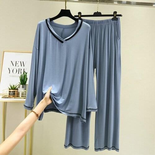 Modal Pajamas Womens Loose Pyjamas Suit Spring Autumn Long-Sleeved V-Neck Outer Wear Home Clothes Plus Size Two-Piece Set