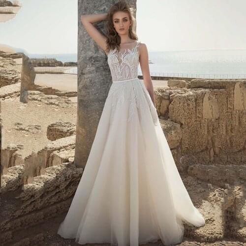 Eightree A Line Lace Wedding Dresses Boho V Neck Appliques vestido de noiva Bride Dresses 2020 V Back Bohomian Wedding Gowns
