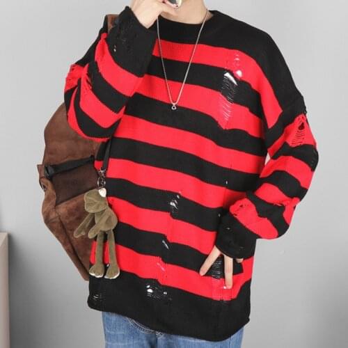 Striped Knitted Sweater Women Washed Pullover Casual Sweater Couples Jumper Ripped Holes Sweater Loose Long Sleeve Jersey Mujer