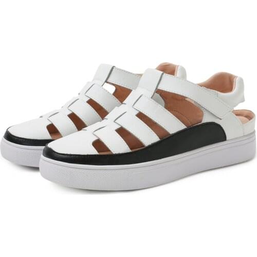 Women Flat Sandals Platform 2020 Summer Shoes Split Leather Ladies Sandles Casual Retro Round Toe Beach Shoes Size 32 33 41 42