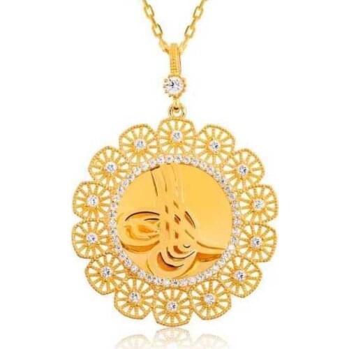 Tevuli 925 Sterling Silver Tuğralı Gold Plated Lady Necklace