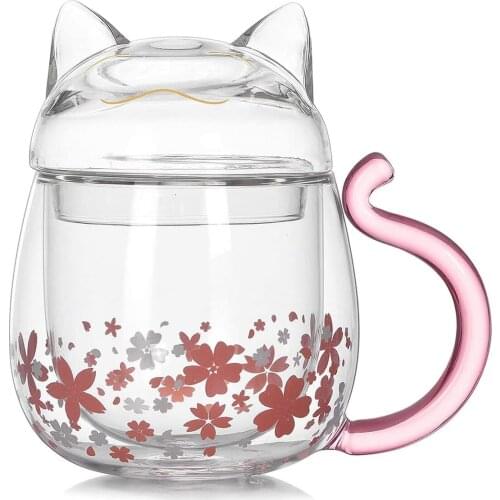 Fun Double Layer Coffee Mugs Cat Cups Glass Green Tea Cup with Cover,Suitable for Family Gathering Office Gifts 8.5oz/250ml