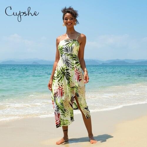 CUPSHE Green Leafy Smocking Midi Dress For Woman Sexy Side Split Spaghetti Straps Beach Dress 2021 Summer Dress Sundress Vestido